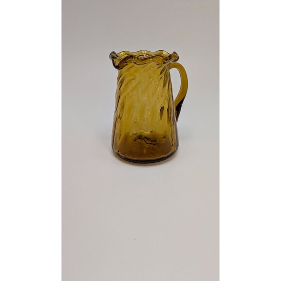 Amber Glass Pitcher Swirled Design Ruffled Rim Vintage - Picture 7 of 13